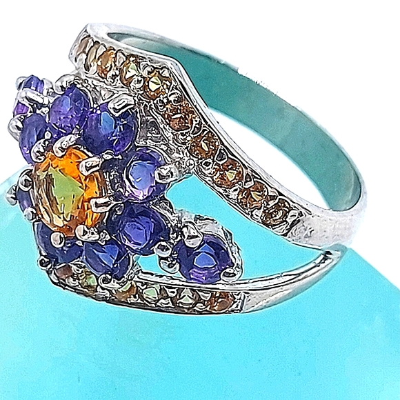 Natural Citrine 5mm, Amethyst, Sapphire 925 Sterling Silver Ring Size 7.5 - Picture 4 of 11